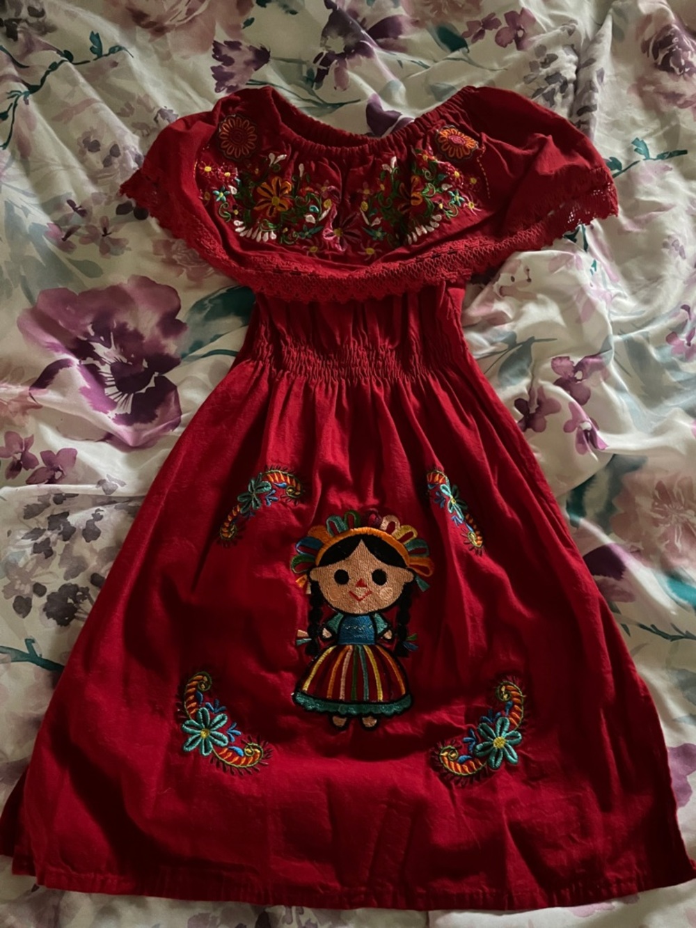 Red Embroidered Mexican-Style Dress with Doll Motif